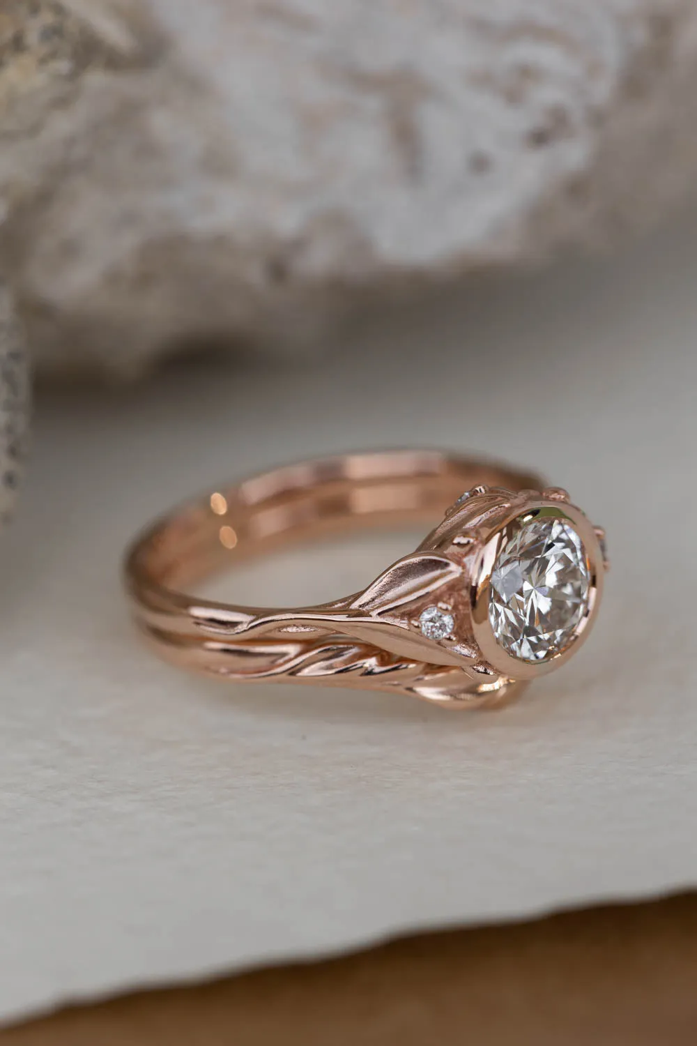 1 carat lab grown diamond engagement ring set, rose gold bridal ring set with diamonds / Roma