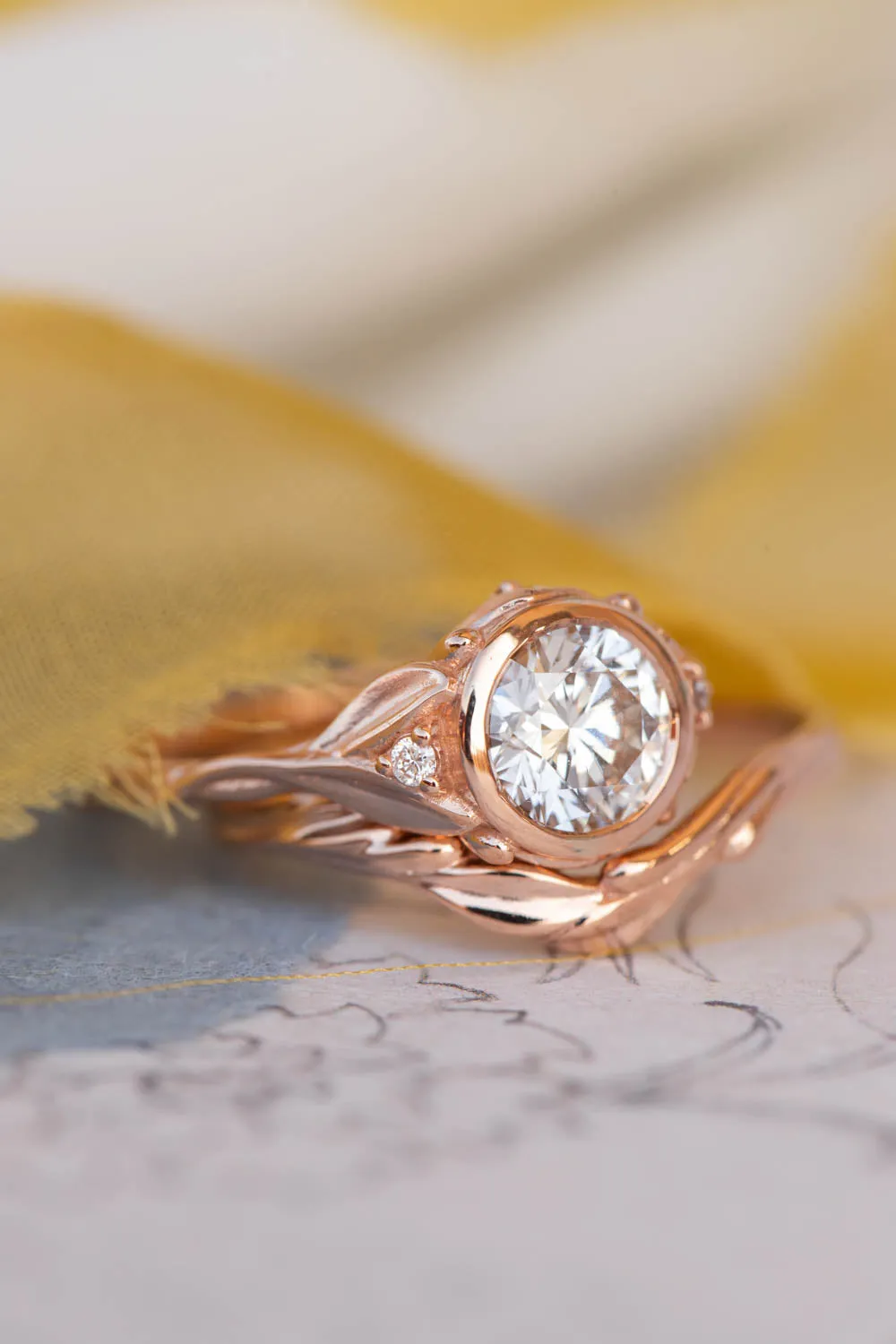 1 carat lab grown diamond engagement ring set, rose gold bridal ring set with diamonds / Roma