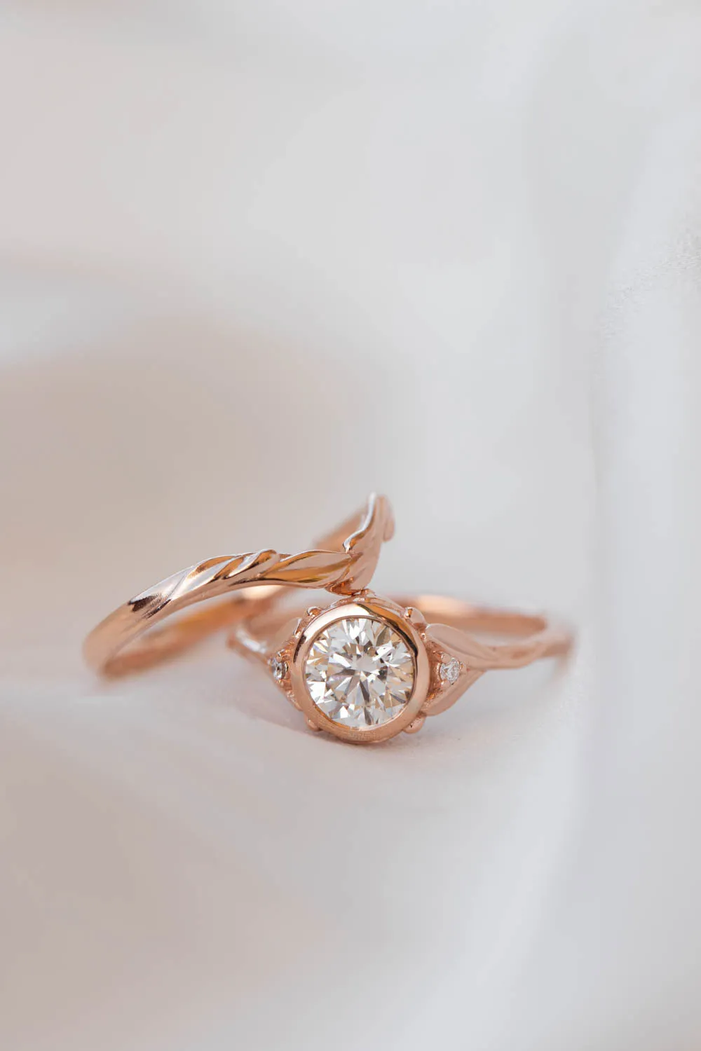 1 carat lab grown diamond engagement ring set, rose gold bridal ring set with diamonds / Roma