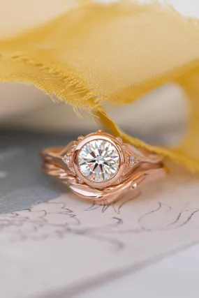 1 carat lab grown diamond engagement ring set, rose gold bridal ring set with diamonds / Roma