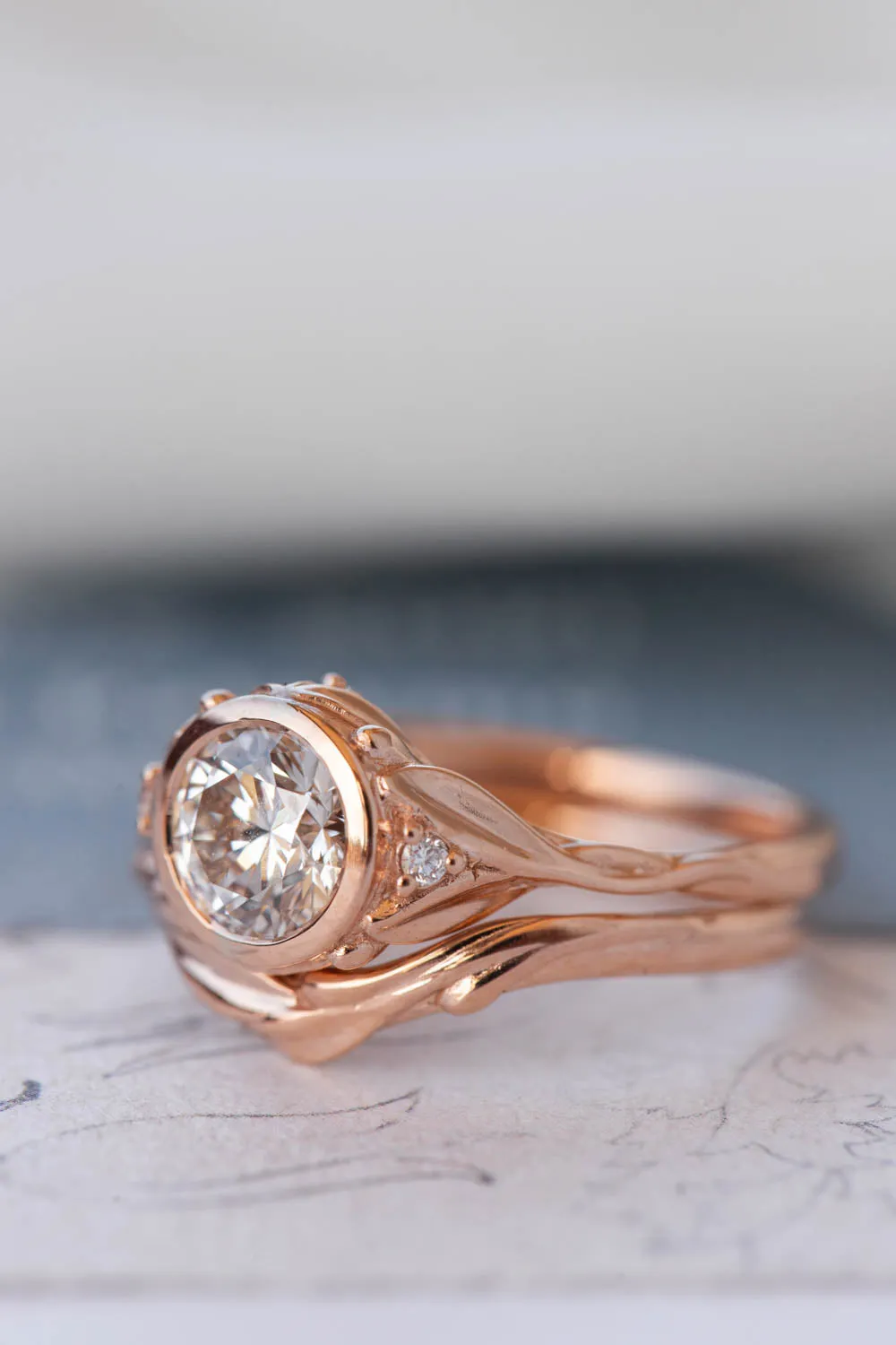 1 carat lab grown diamond engagement ring set, rose gold bridal ring set with diamonds / Roma