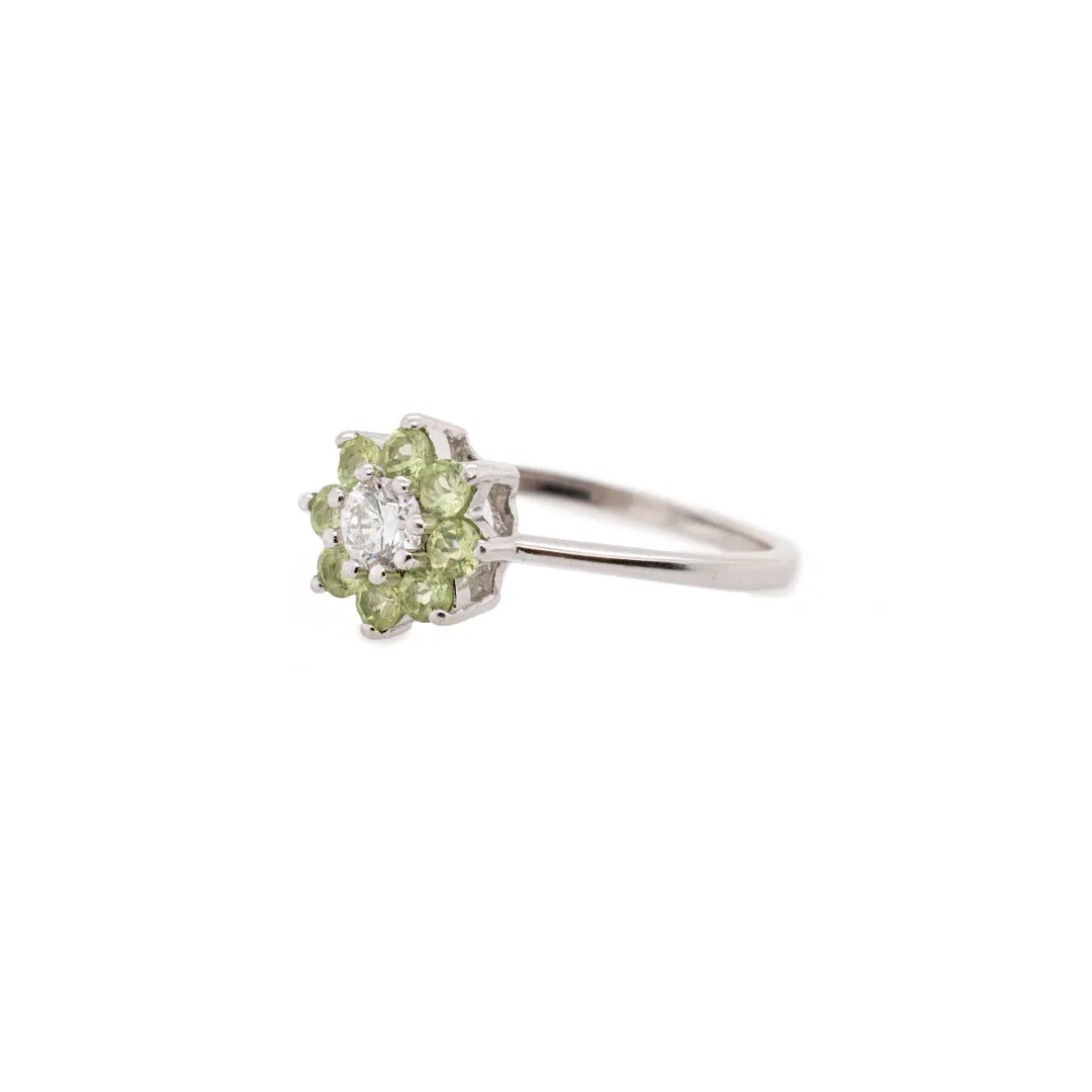 14K White Gold Natural Round Diamond & Tourmaline Flower Engagement Ring 0.19TCW