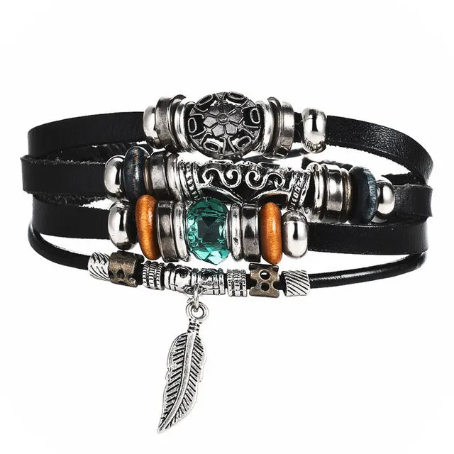 17KM Punk Design Turkish Eye Bracelets For Men Woman New Fashion Wristband Female Owl Leather Bracelet Stone Vintage Jewelry