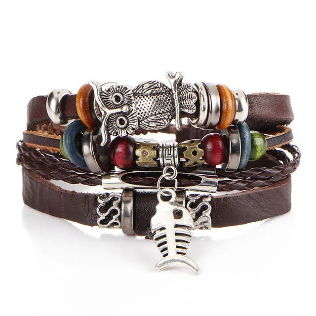 17KM Punk Design Turkish Eye Bracelets For Men Woman New Fashion Wristband Female Owl Leather Bracelet Stone Vintage Jewelry