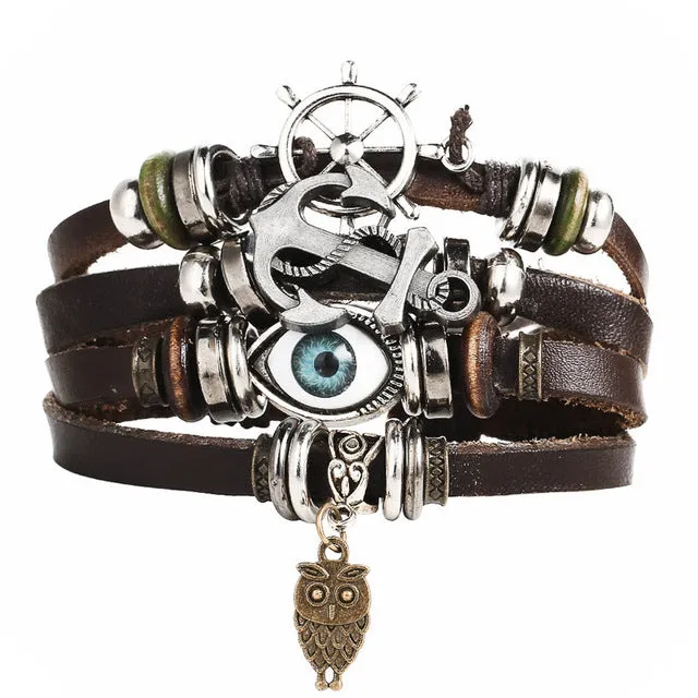 17KM Punk Design Turkish Eye Bracelets For Men Woman New Fashion Wristband Female Owl Leather Bracelet Stone Vintage Jewelry