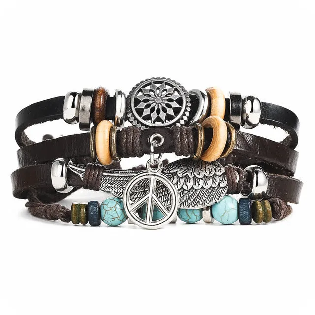 17KM Punk Design Turkish Eye Bracelets For Men Woman New Fashion Wristband Female Owl Leather Bracelet Stone Vintage Jewelry