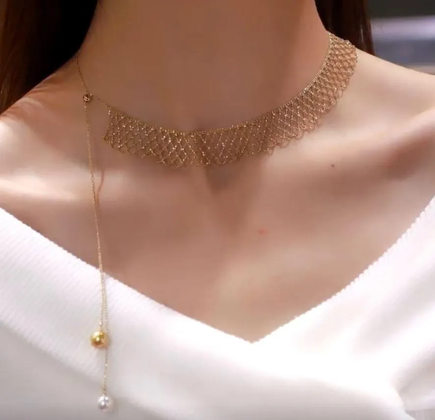 18K Gold-plated Flash Mesh Lace Necklace with Pearl Pandent LJ4