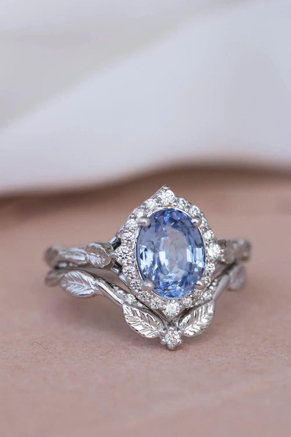 2 carat blue sapphire engagement ring, white gold leaf ring with diamond halo / Florentina