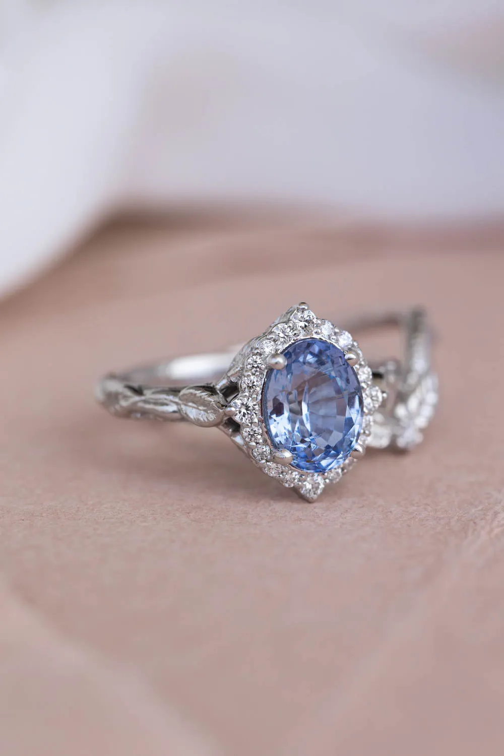 2 carat blue sapphire engagement ring, white gold leaf ring with diamond halo / Florentina