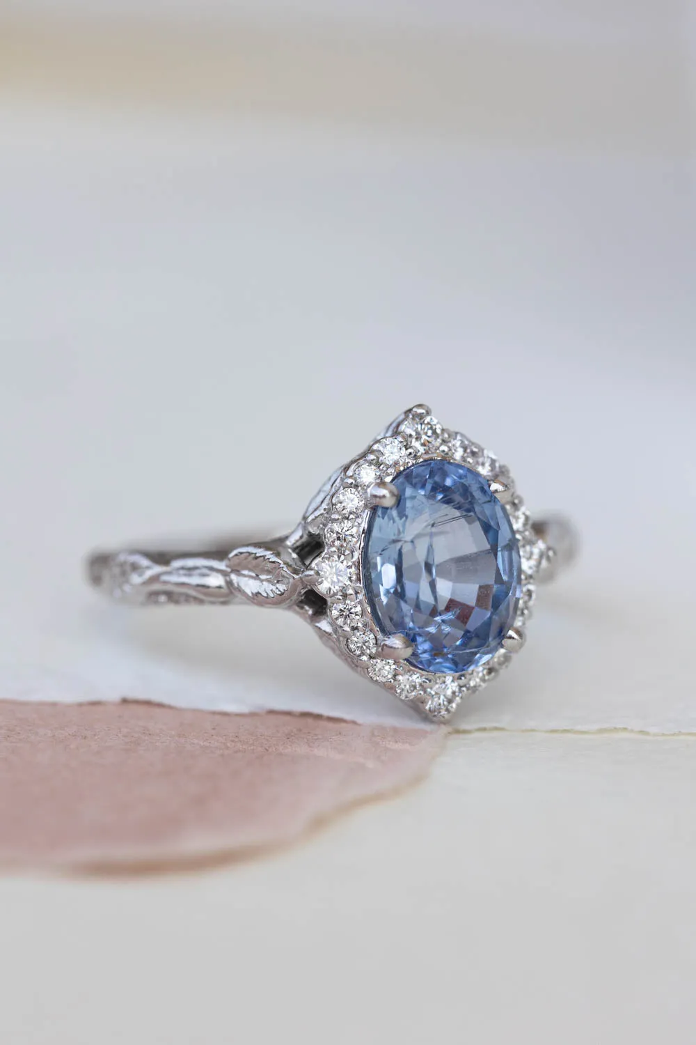 2 carat blue sapphire engagement ring, white gold leaf ring with diamond halo / Florentina