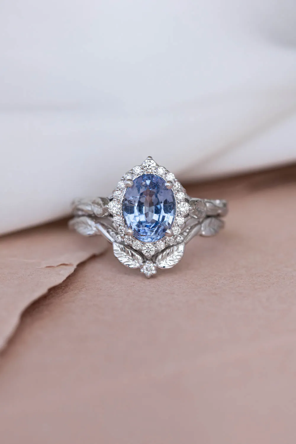 2 carat blue sapphire engagement ring, white gold leaf ring with diamond halo / Florentina