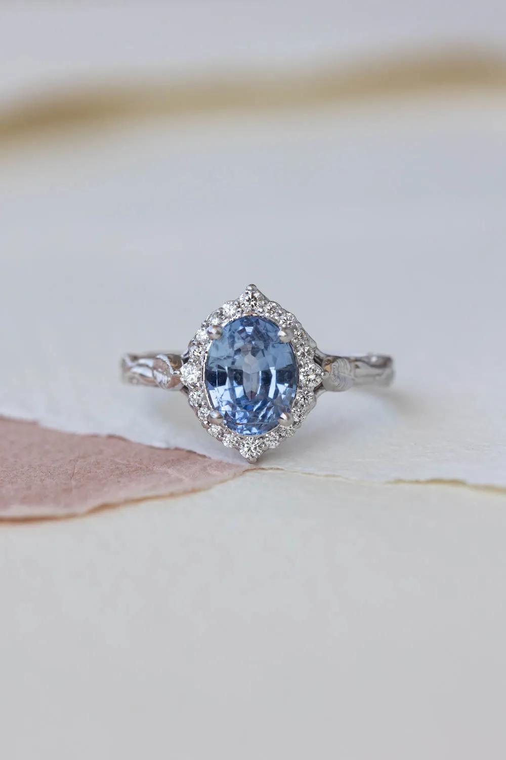 2 carat blue sapphire engagement ring, white gold leaf ring with diamond halo / Florentina