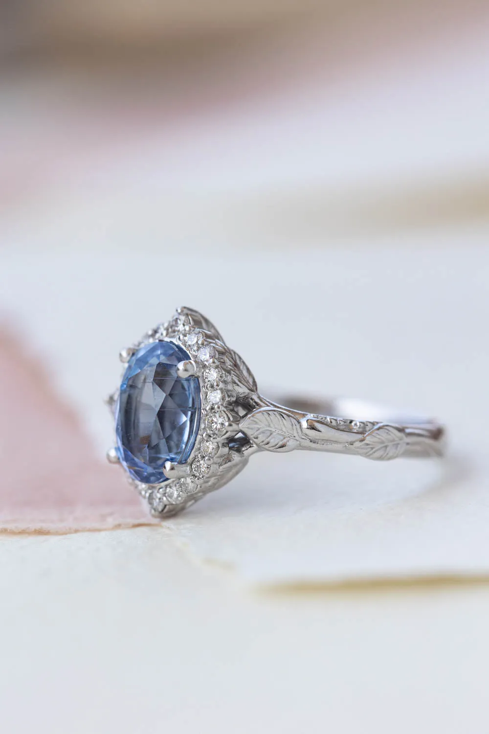 2 carat blue sapphire engagement ring, white gold leaf ring with diamond halo / Florentina