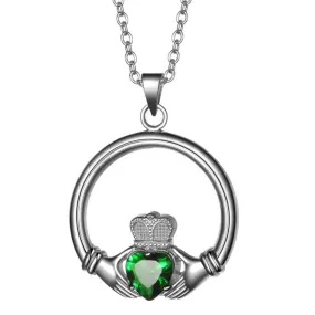 925 Sterling Silver Claddagh Pendant with Green Zirconia Necklace