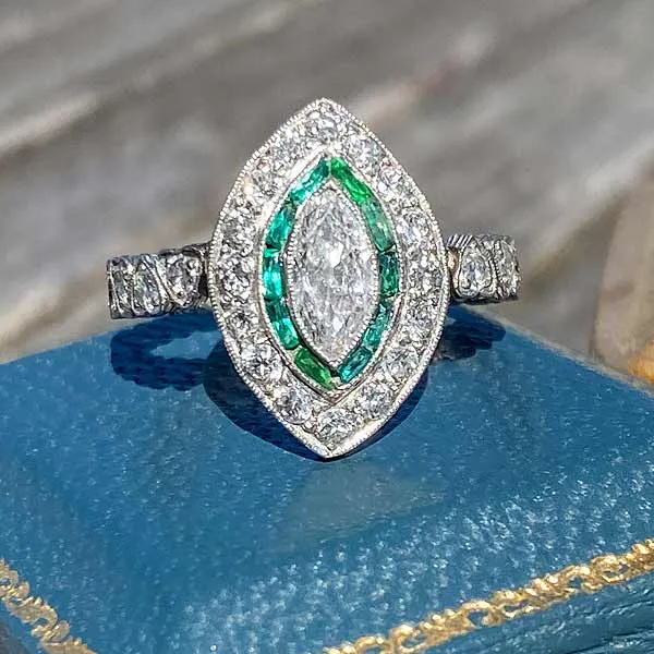 Art Deco Marquise Diamond & Emerald Ring, 0.50ct.