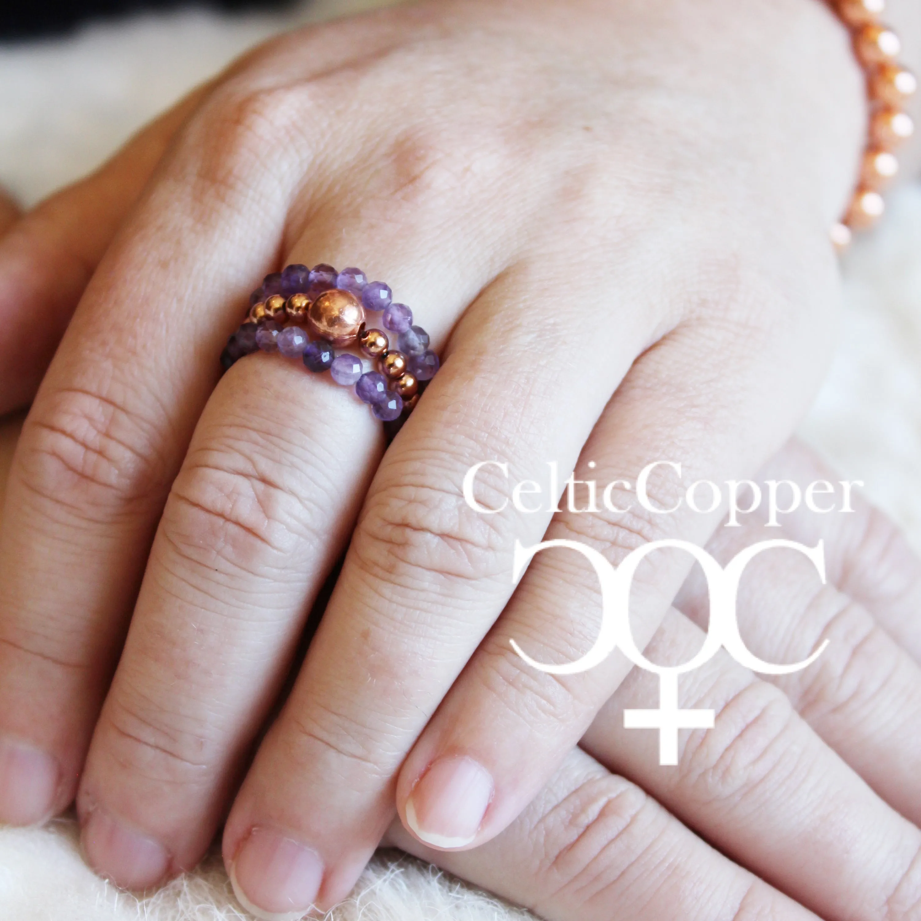 Beaded Copper Ring Set Pure Healing Copper Deep Purple Amethyst 3 Piece Beaded Elastic Ring Set