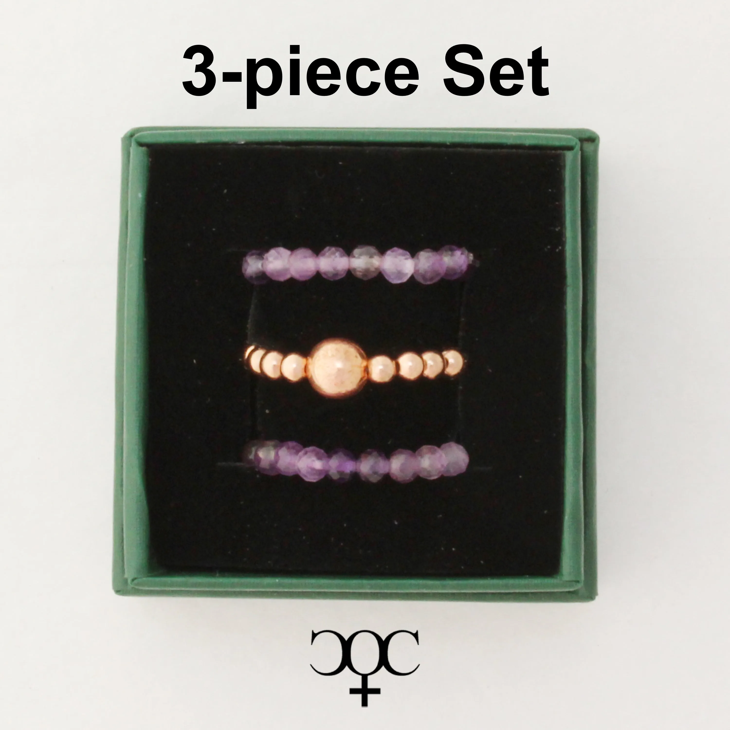 Beaded Copper Ring Set Pure Healing Copper Deep Purple Amethyst 3 Piece Beaded Elastic Ring Set