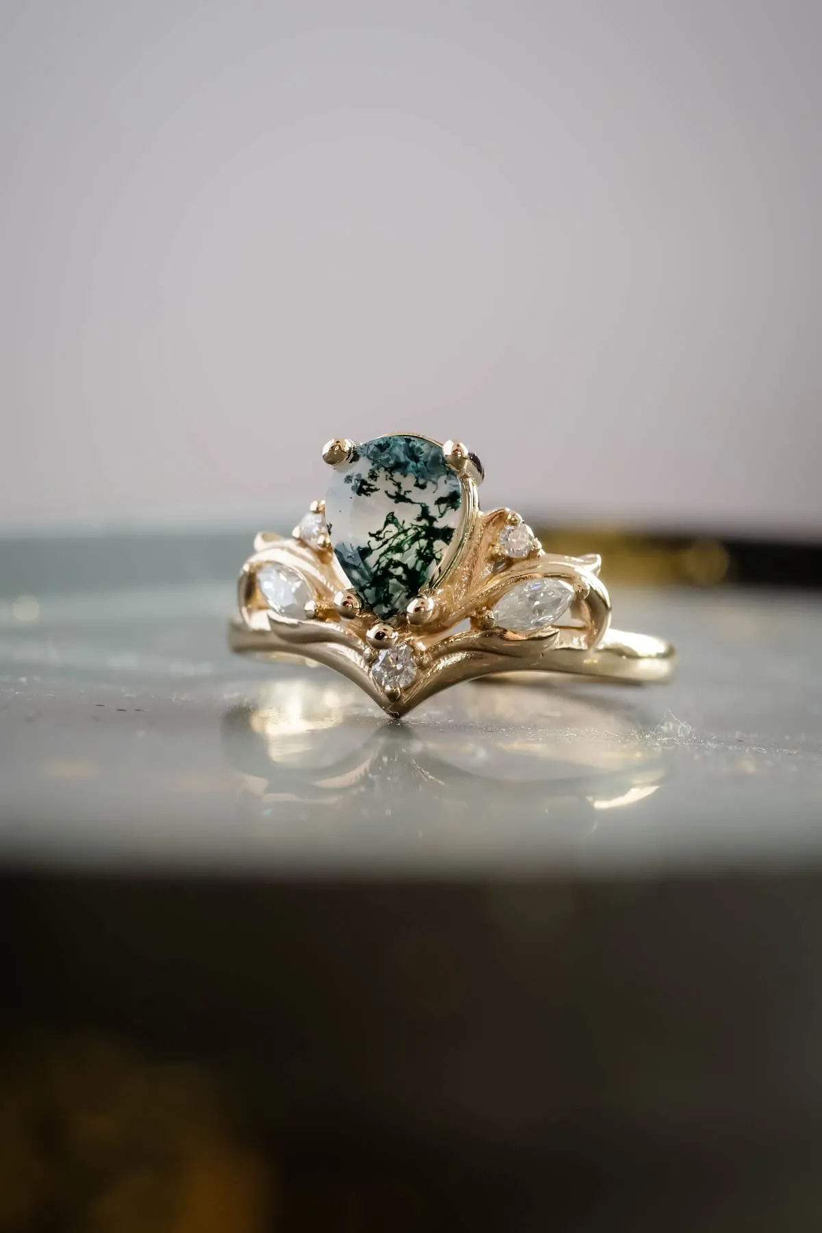 Big pear moss agate engagement ring, one of a kind gemstone ring / Swanlake