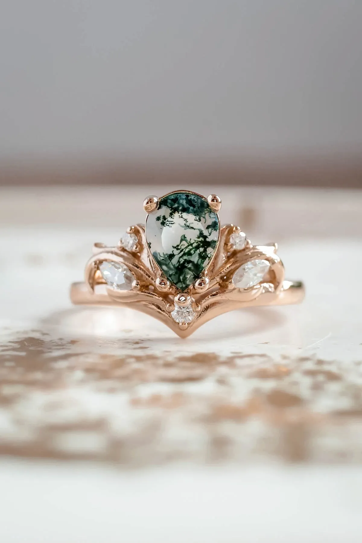 Big pear moss agate engagement ring, one of a kind gemstone ring / Swanlake