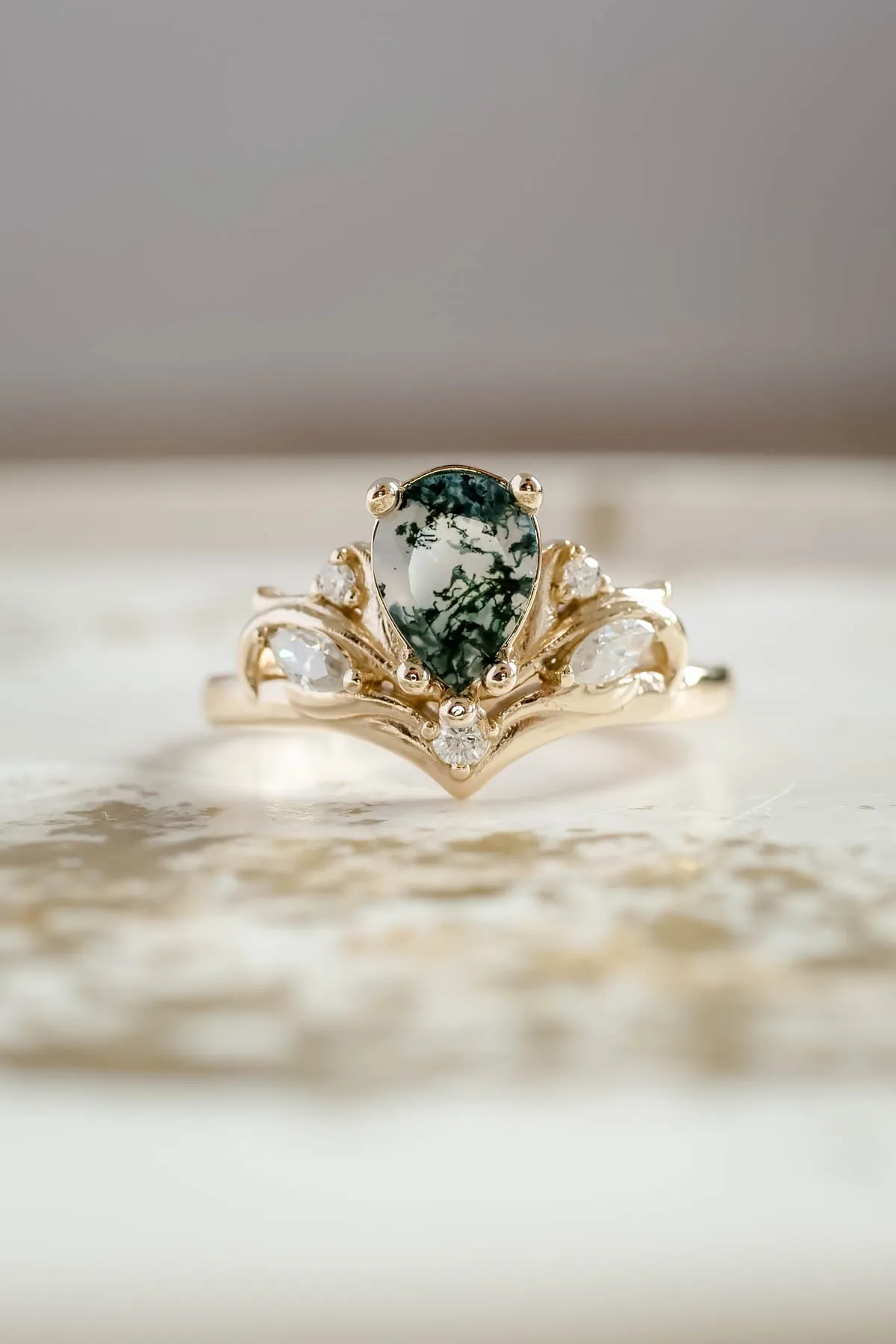 Big pear moss agate engagement ring, one of a kind gemstone ring / Swanlake