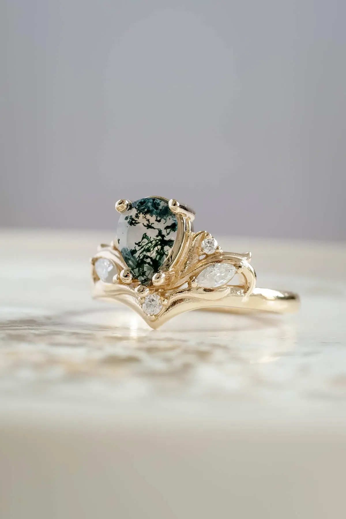 Big pear moss agate engagement ring, one of a kind gemstone ring / Swanlake