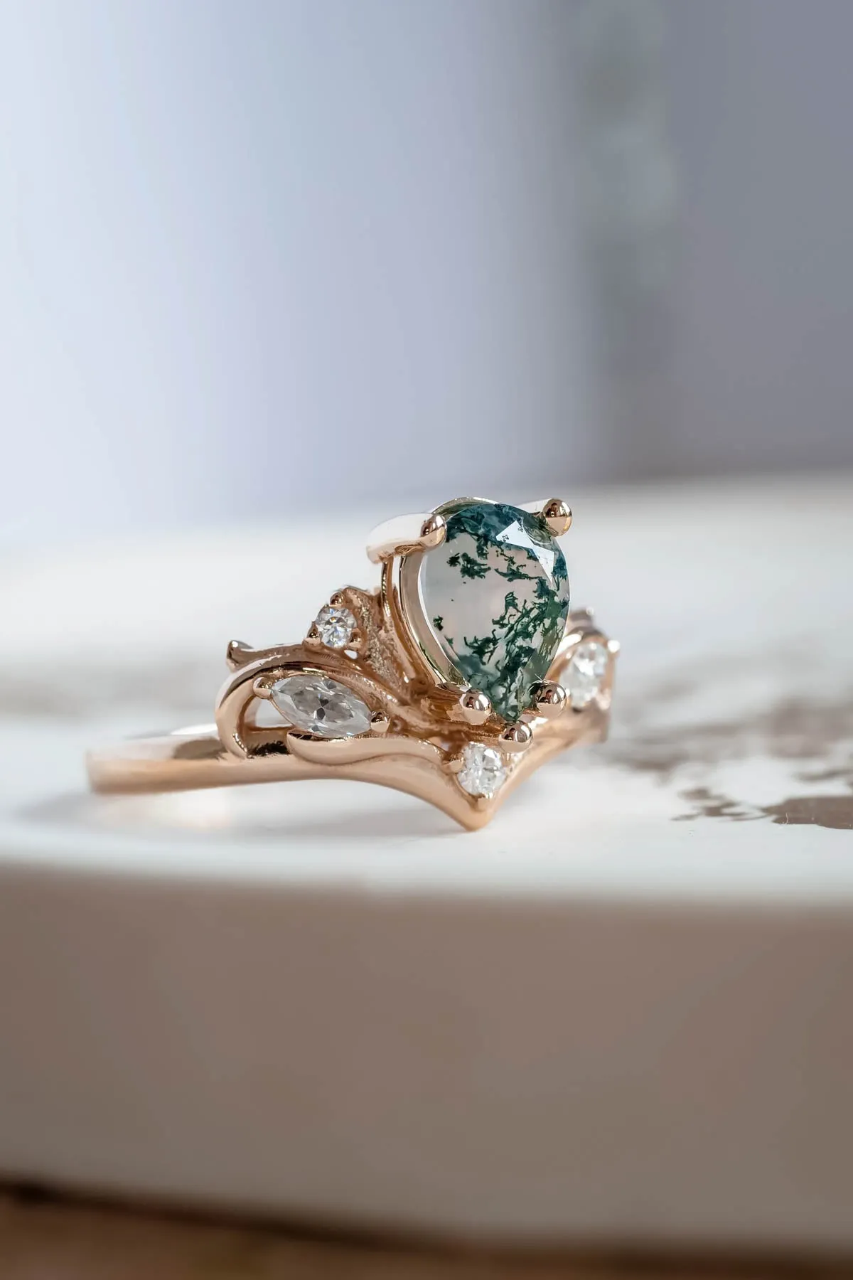 Big pear moss agate engagement ring, one of a kind gemstone ring / Swanlake