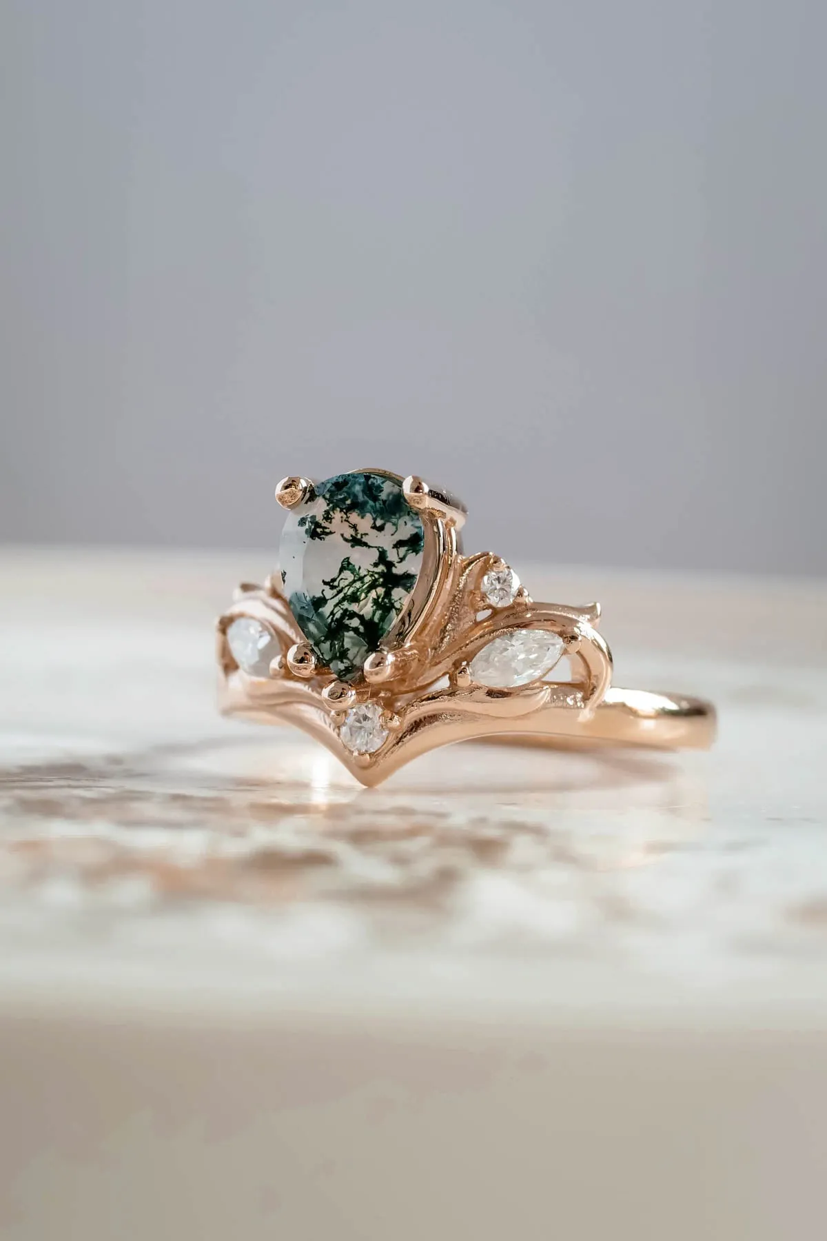 Big pear moss agate engagement ring, one of a kind gemstone ring / Swanlake