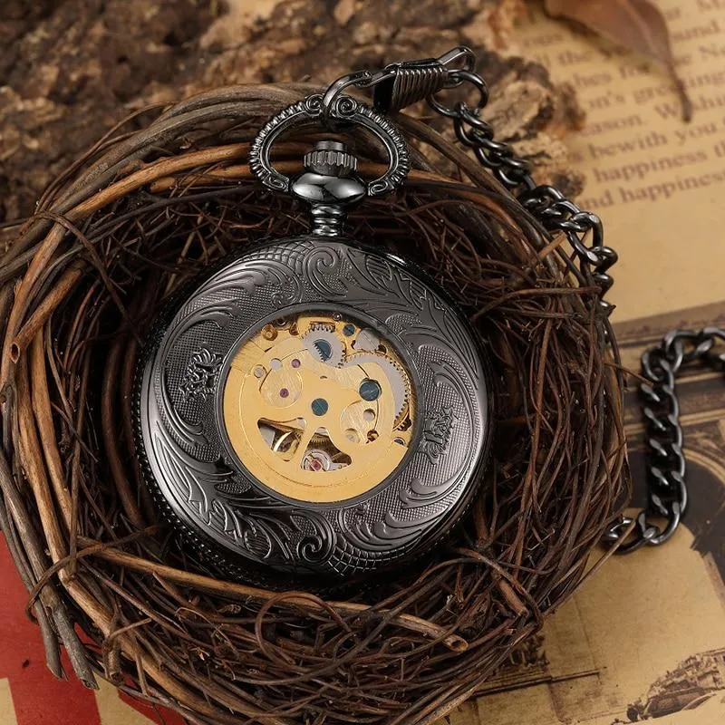 Black and Gold Pocket Watch with Hollow Carved Design