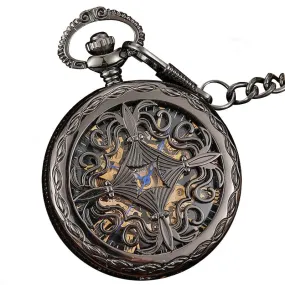 Black and Gold Pocket Watch with Hollow Carved Design