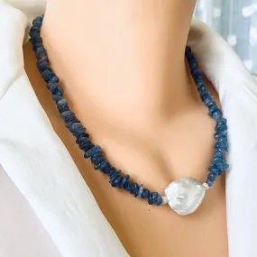 Blue Kyanite Chips and Freshwater Baroque Pearl Necklace, Silver Marine Clasp & Beads, 18.5inches