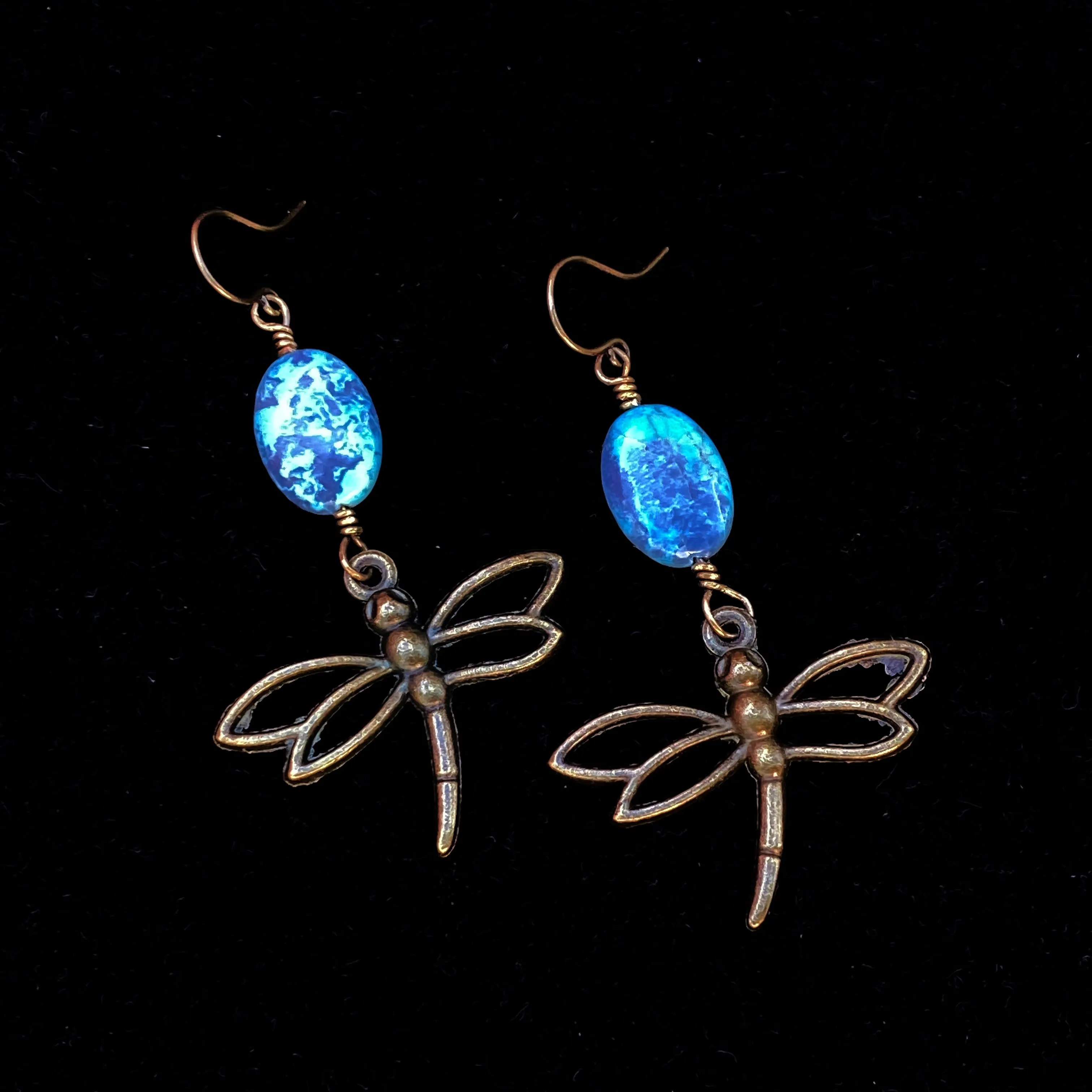 Brass Dragonfly and Turquoise gemstone Dangle earrings