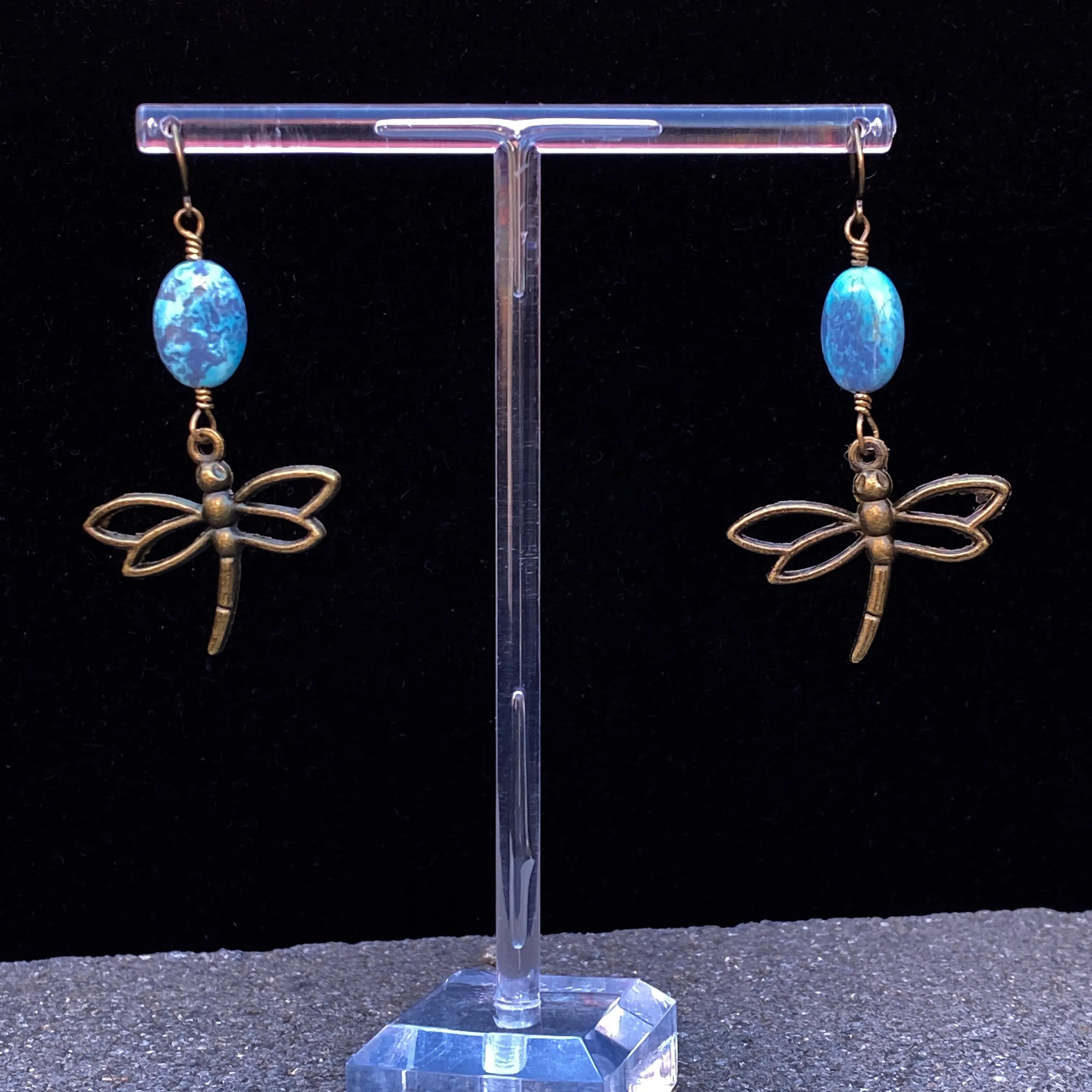 Brass Dragonfly and Turquoise gemstone Dangle earrings