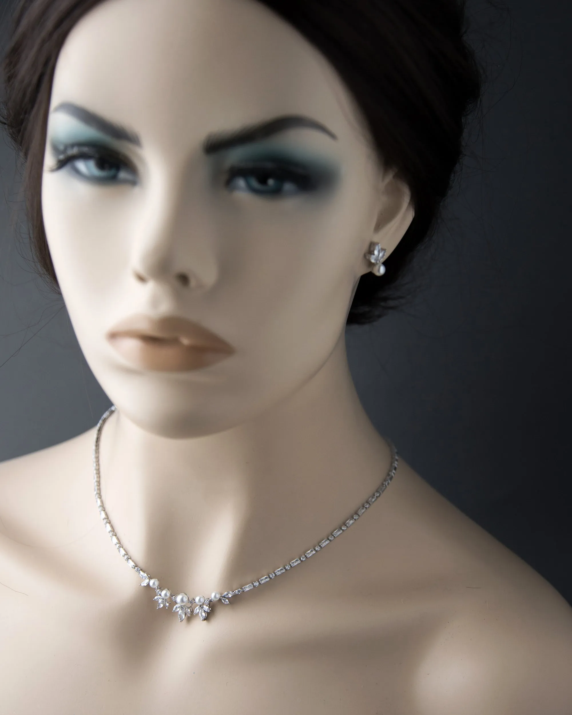 Bridal Necklace Set of Baguette CZ and Pearls