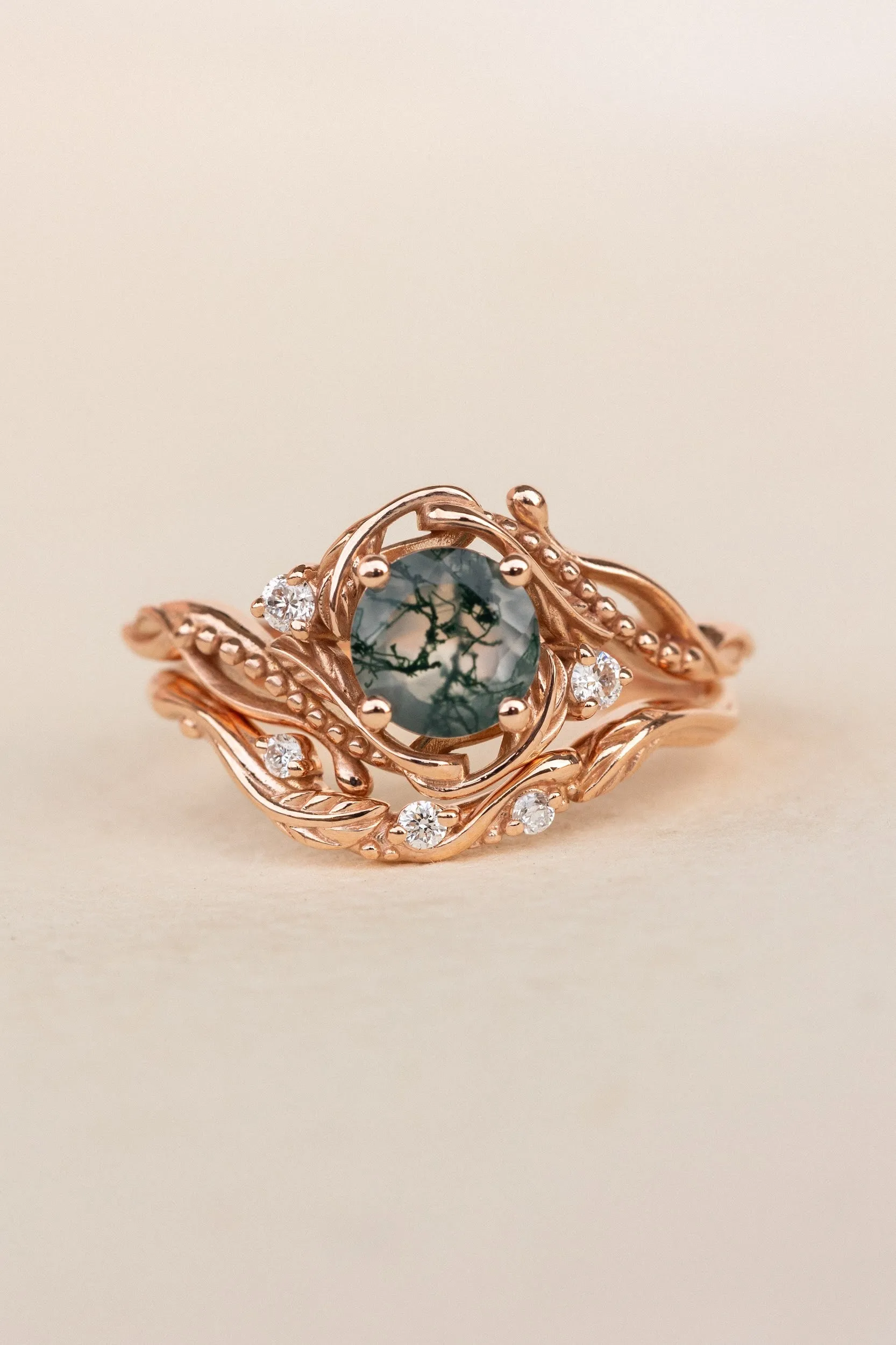 Bridal ring set in rose gold with natural round moss agate and accent diamonds / Undina