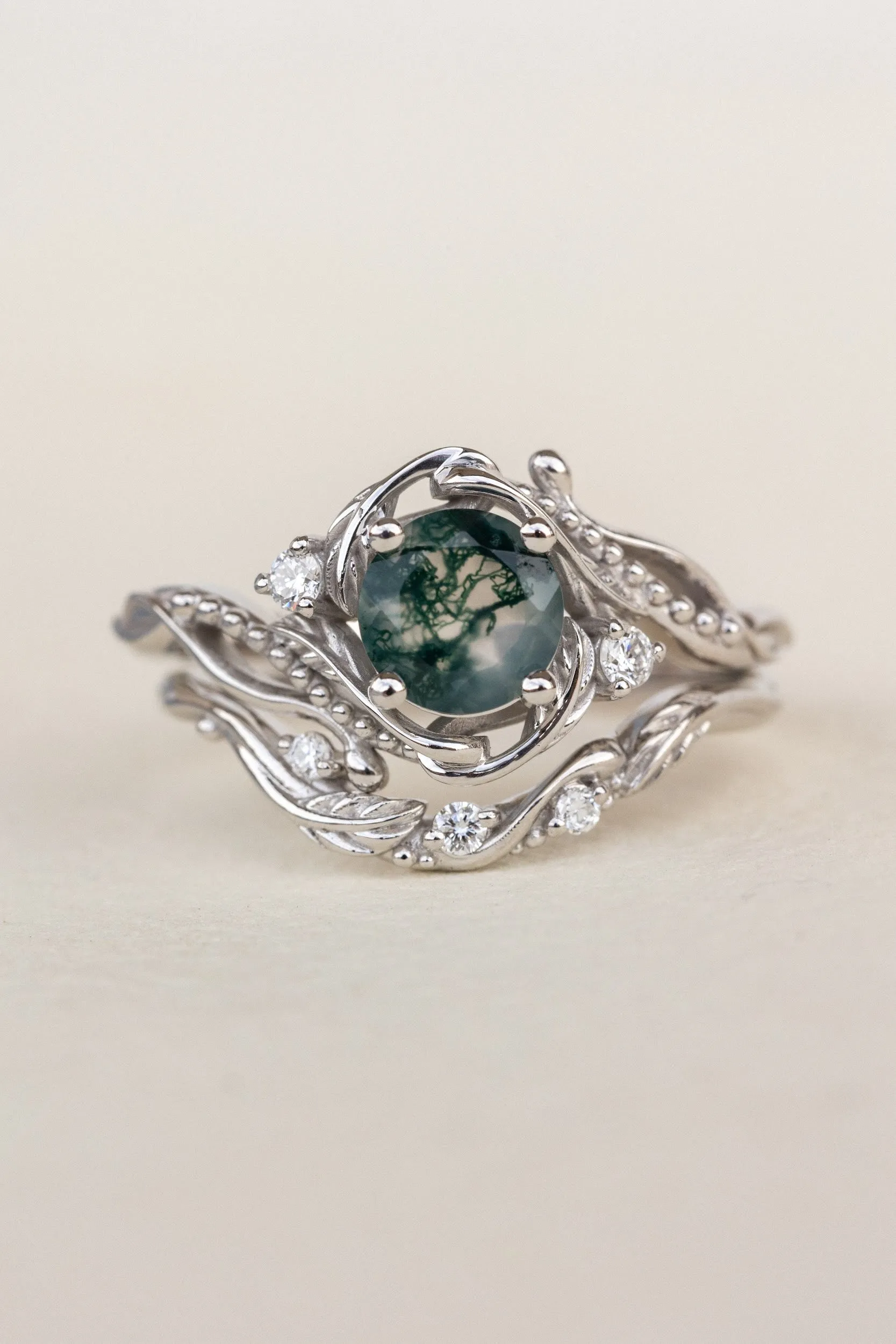 Bridal ring set in rose gold with natural round moss agate and accent diamonds / Undina