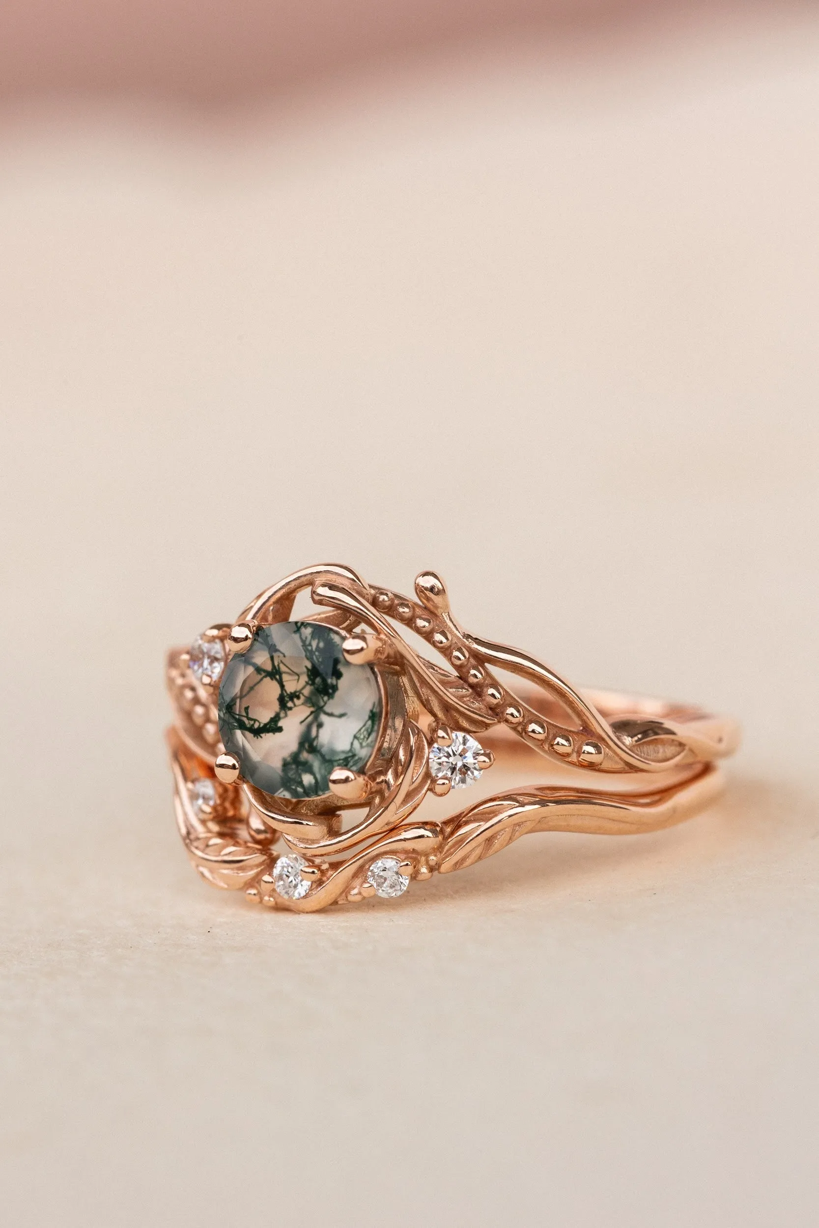 Bridal ring set in rose gold with natural round moss agate and accent diamonds / Undina