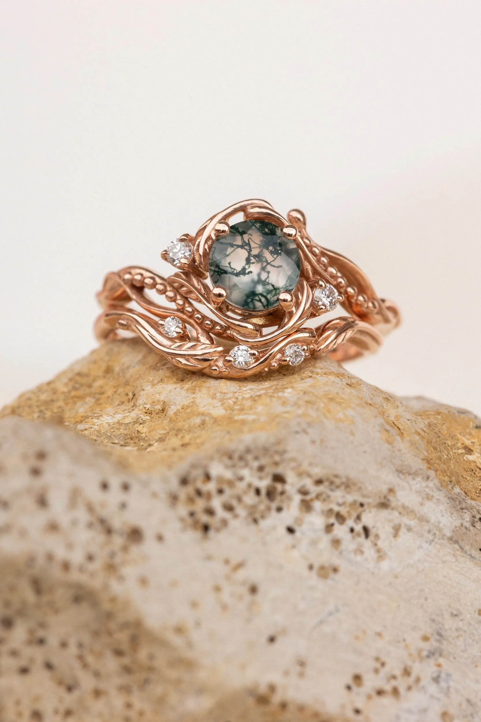 Bridal ring set in rose gold with natural round moss agate and accent diamonds / Undina