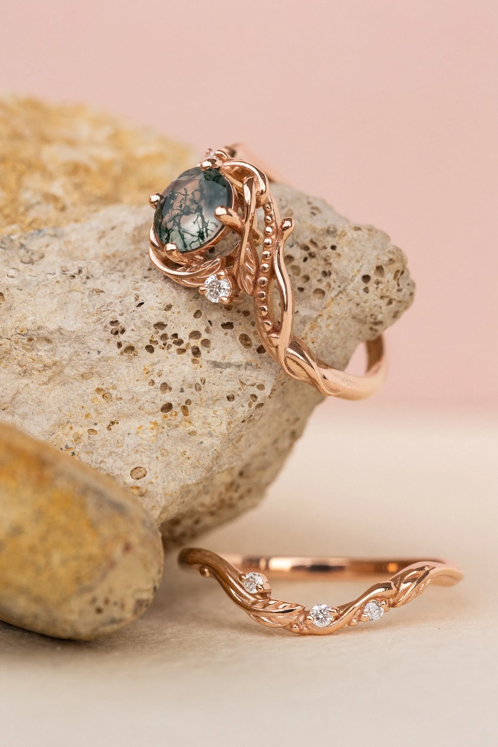 Bridal ring set in rose gold with natural round moss agate and accent diamonds / Undina