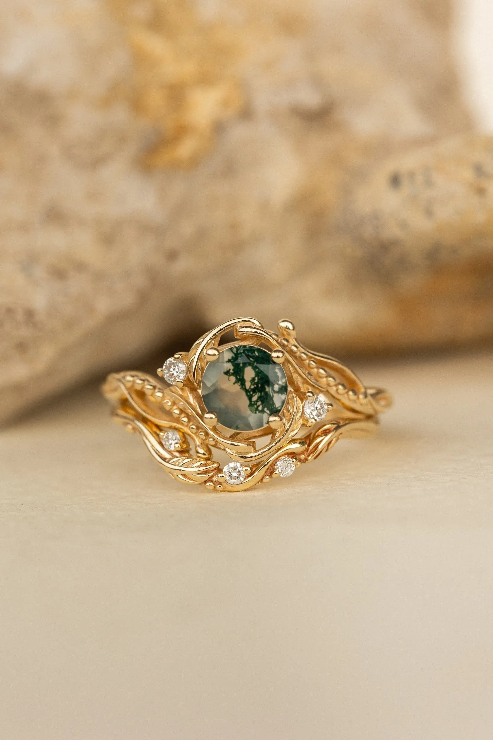 Bridal ring set in rose gold with natural round moss agate and accent diamonds / Undina