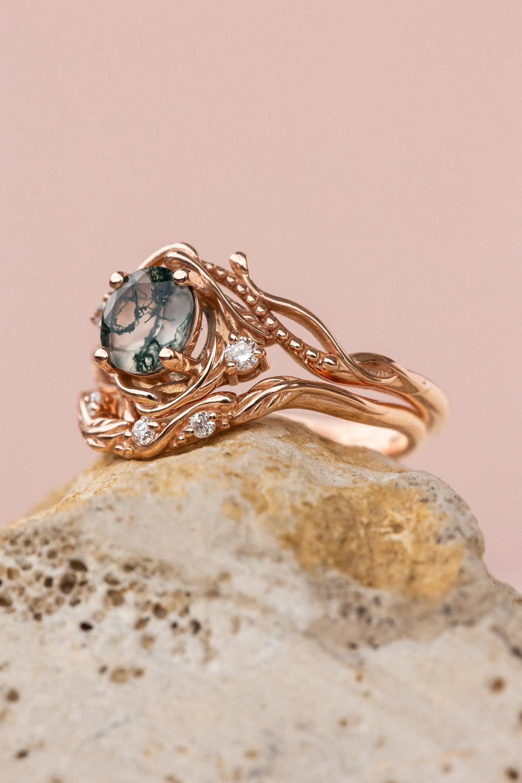 Bridal ring set in rose gold with natural round moss agate and accent diamonds / Undina