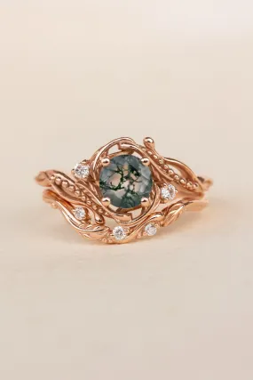 Bridal ring set in rose gold with natural round moss agate and accent diamonds / Undina