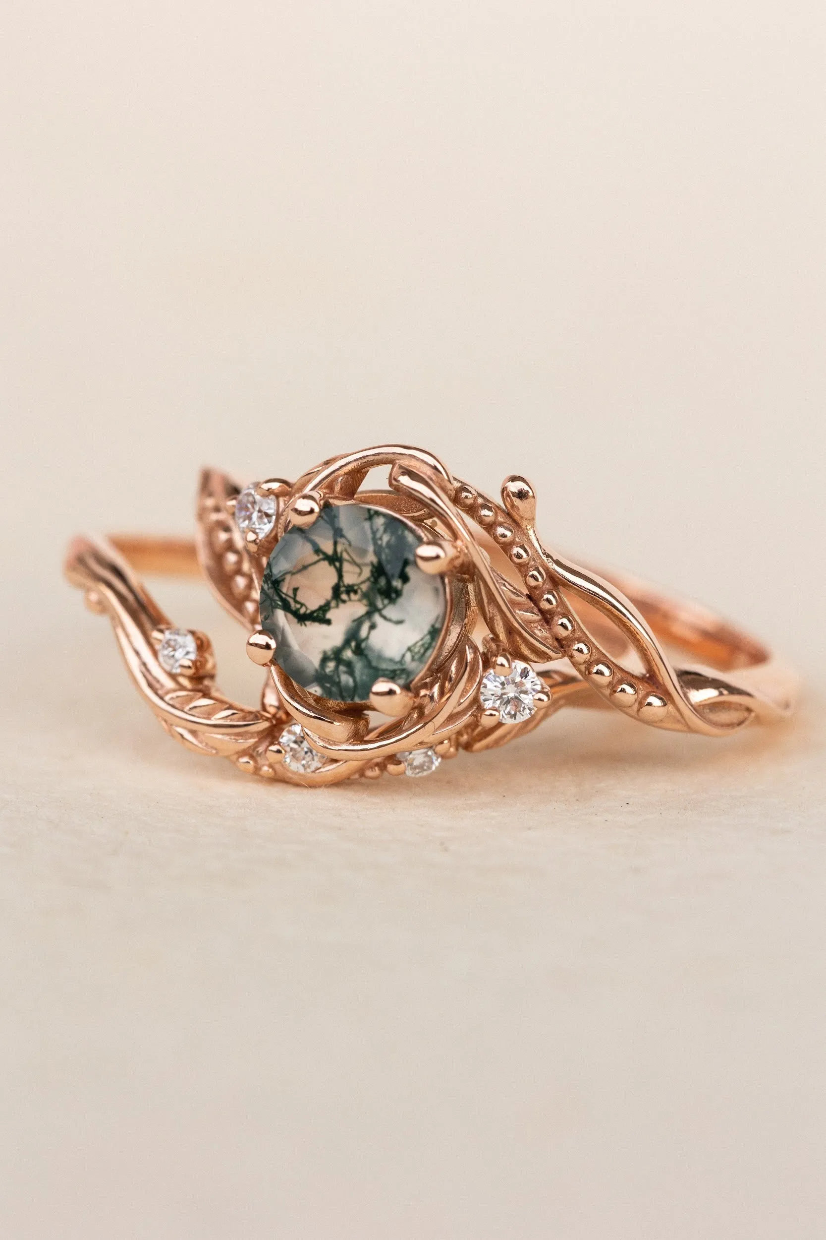 Bridal ring set in rose gold with natural round moss agate and accent diamonds / Undina