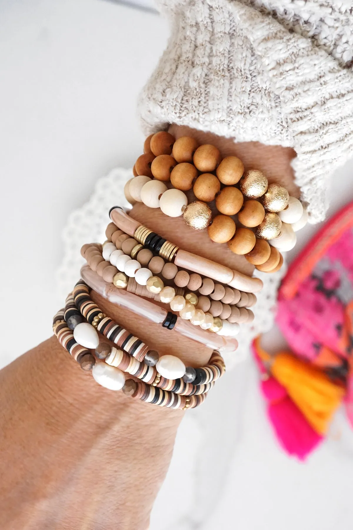 Browns Neutral Beaded 3 Bracelets stack Clay Heishi Beads and Freshwater Pearls beads