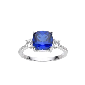 Ceylon Sapphire Cushion Three Stone Ring