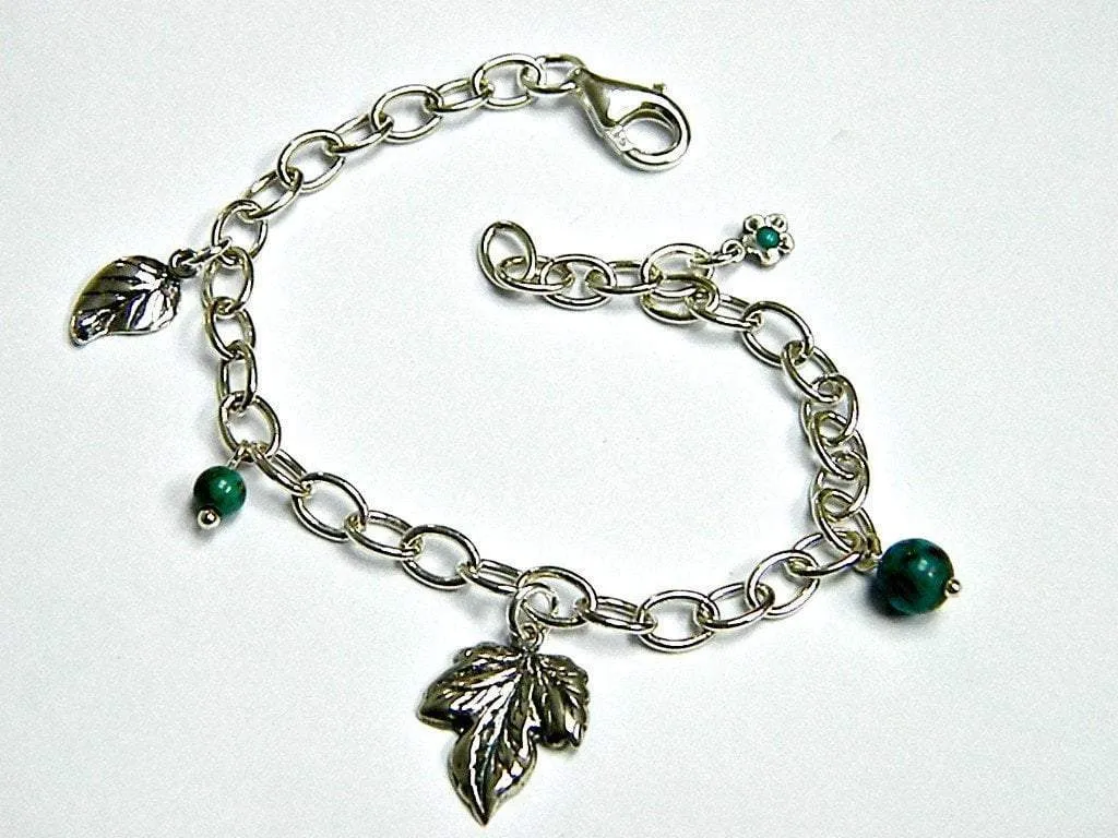 Charms Bracelet, Sterling Silver Bracelets,  Turquoises bracelet , Leaves nature motif