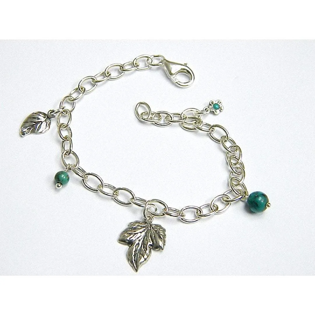 Charms Bracelet, Sterling Silver Bracelets,  Turquoises bracelet , Leaves nature motif