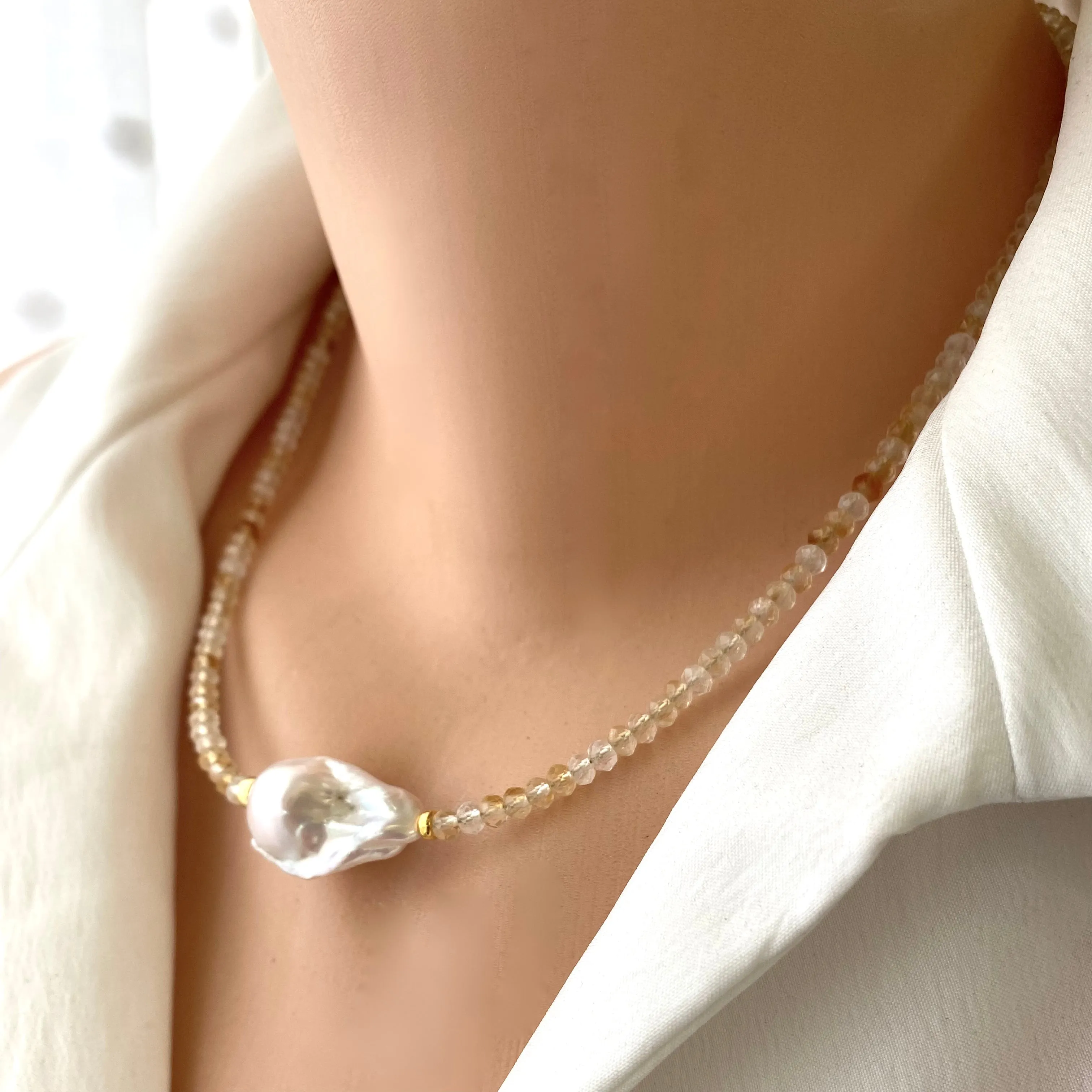 Citrine & White Baroque Pearl Necklace, 18in, November Birthstone, Gold Vermeil Silver