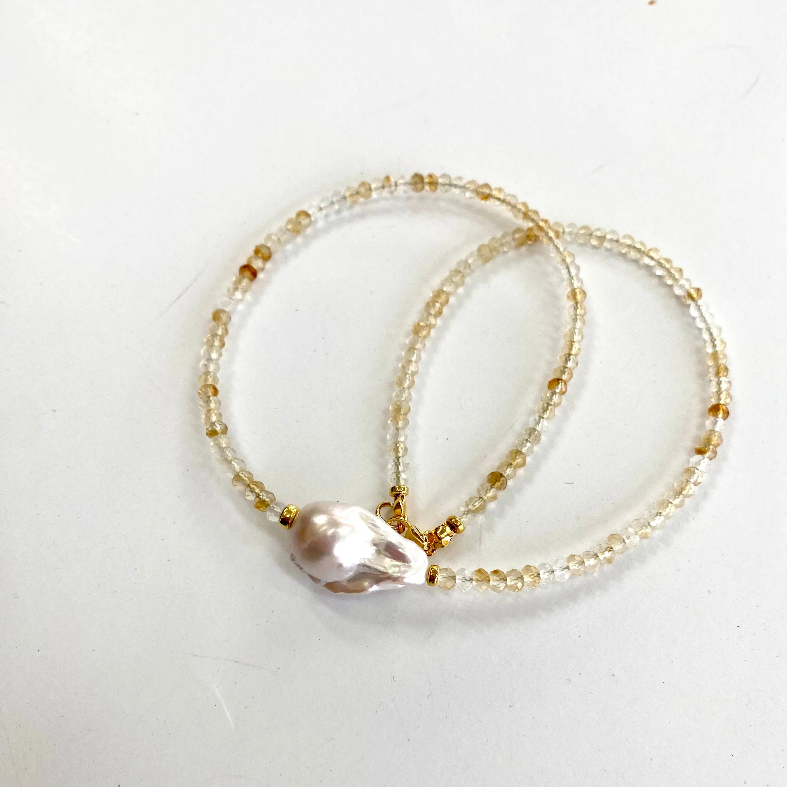 Citrine & White Baroque Pearl Necklace, 18in, November Birthstone, Gold Vermeil Silver