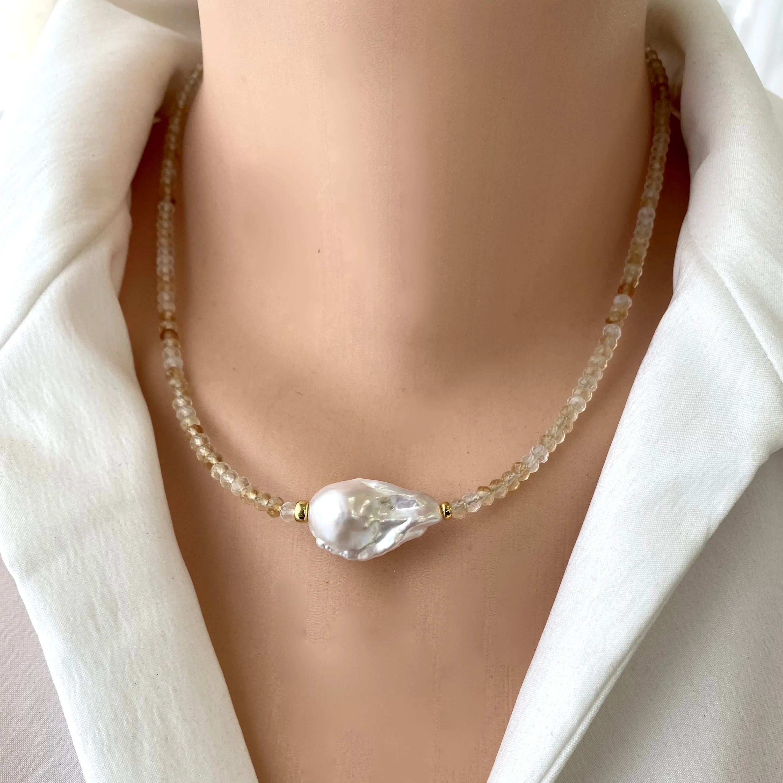 Citrine & White Baroque Pearl Necklace, 18in, November Birthstone, Gold Vermeil Silver