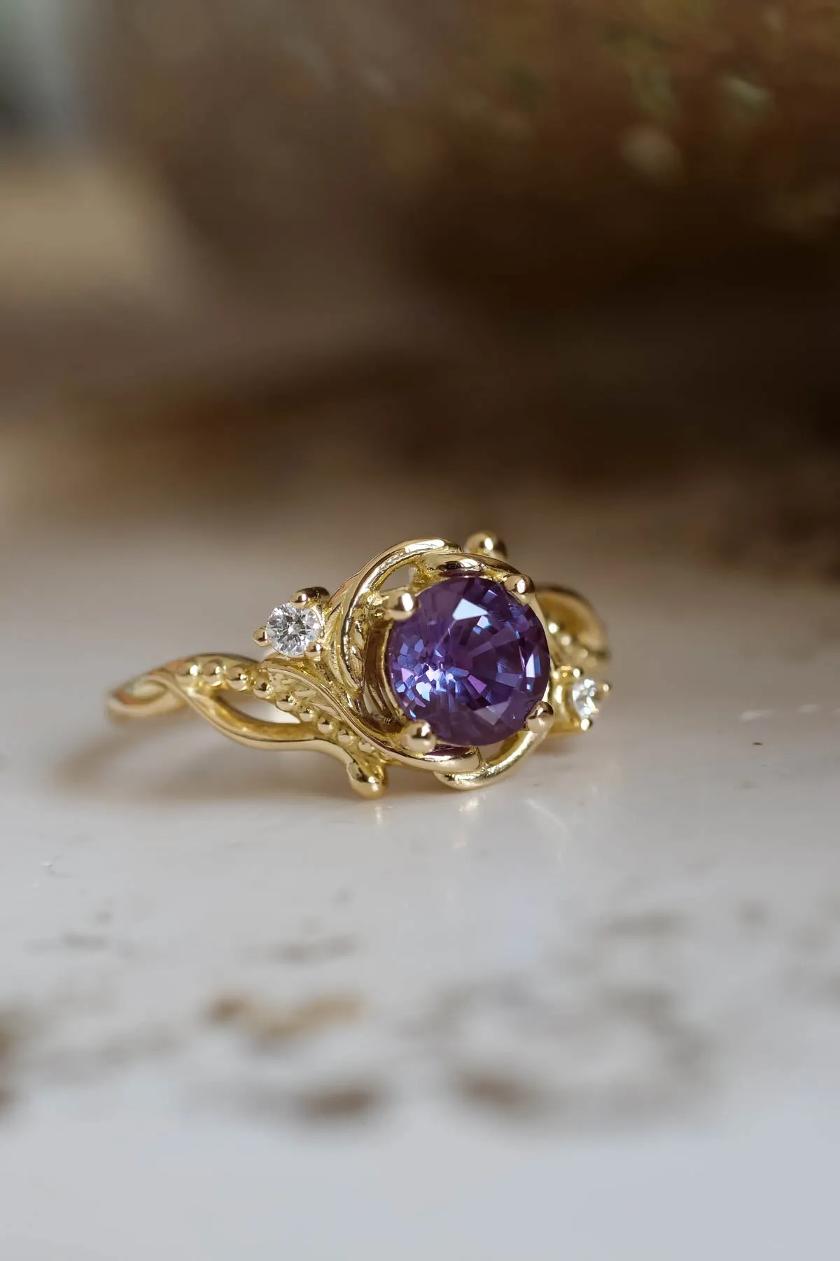 Color-changing alexandrite engagement ring, purple stone ring / Undina